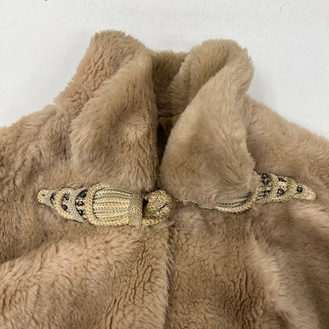 Vintage Halldon Women's Beige Faux Fur Swing Coat A-Line Frog Closure