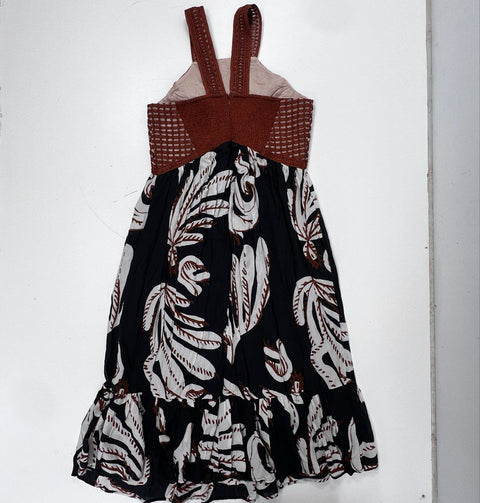 Anthropologie Women's Black Brown Leaf Print Embroidered Bodice Halter Dress 16P