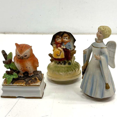 Vintage Ceramic Music Box Figurine Lot of 3 Angel Owl Children Tested Working