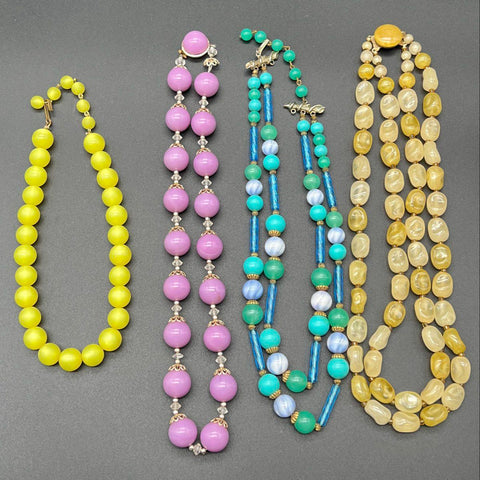 Vintage 14pc Costume Jewelry Lot 60s 70s Necklaces Brooches Pastel Beads
