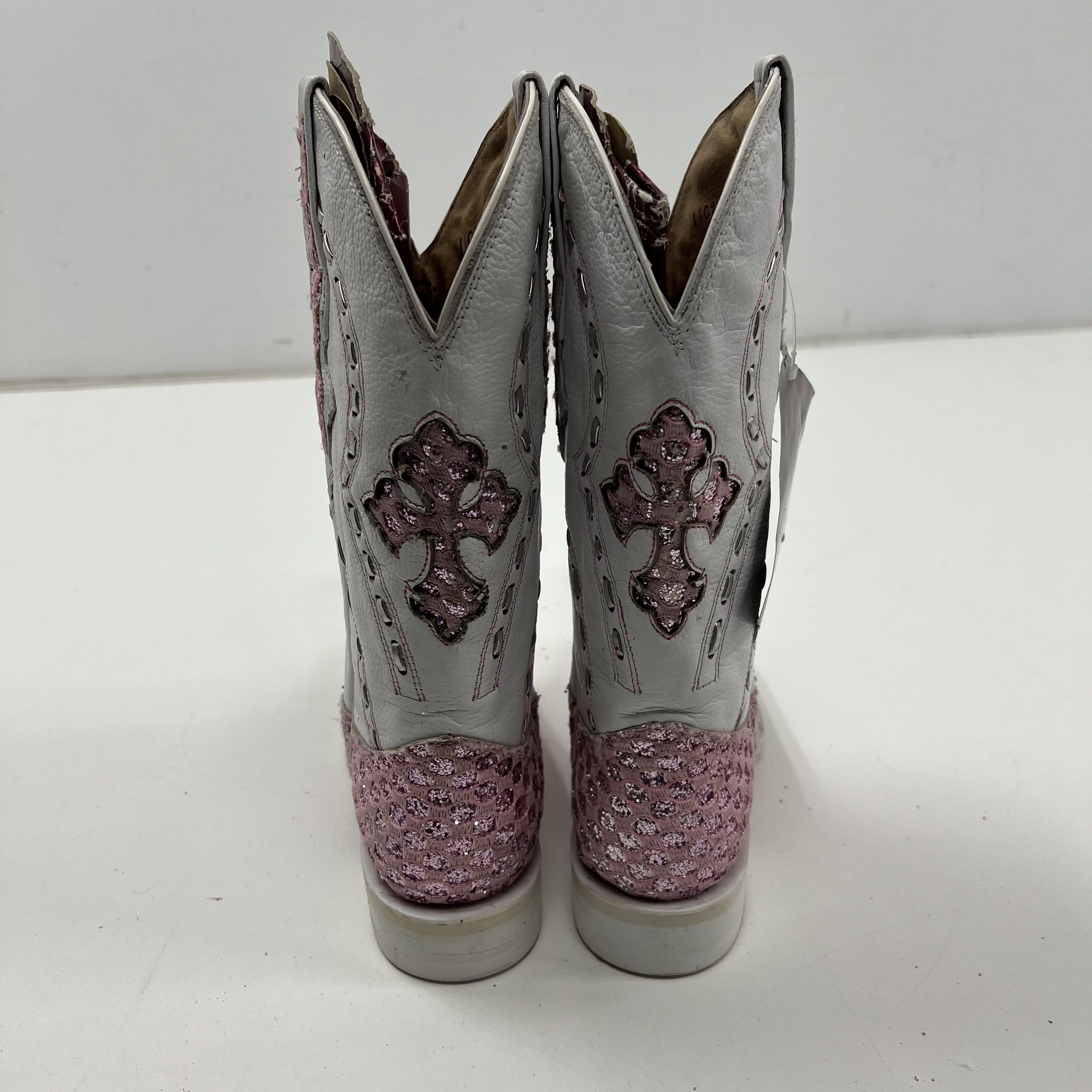 El General Pink White Glitter Cross Western Cowboy Boots Pointed Toe Size 6