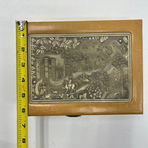 Vintage Mid-Century Medieval Scene Jewelry Box Two Tier with Key Faux Leather