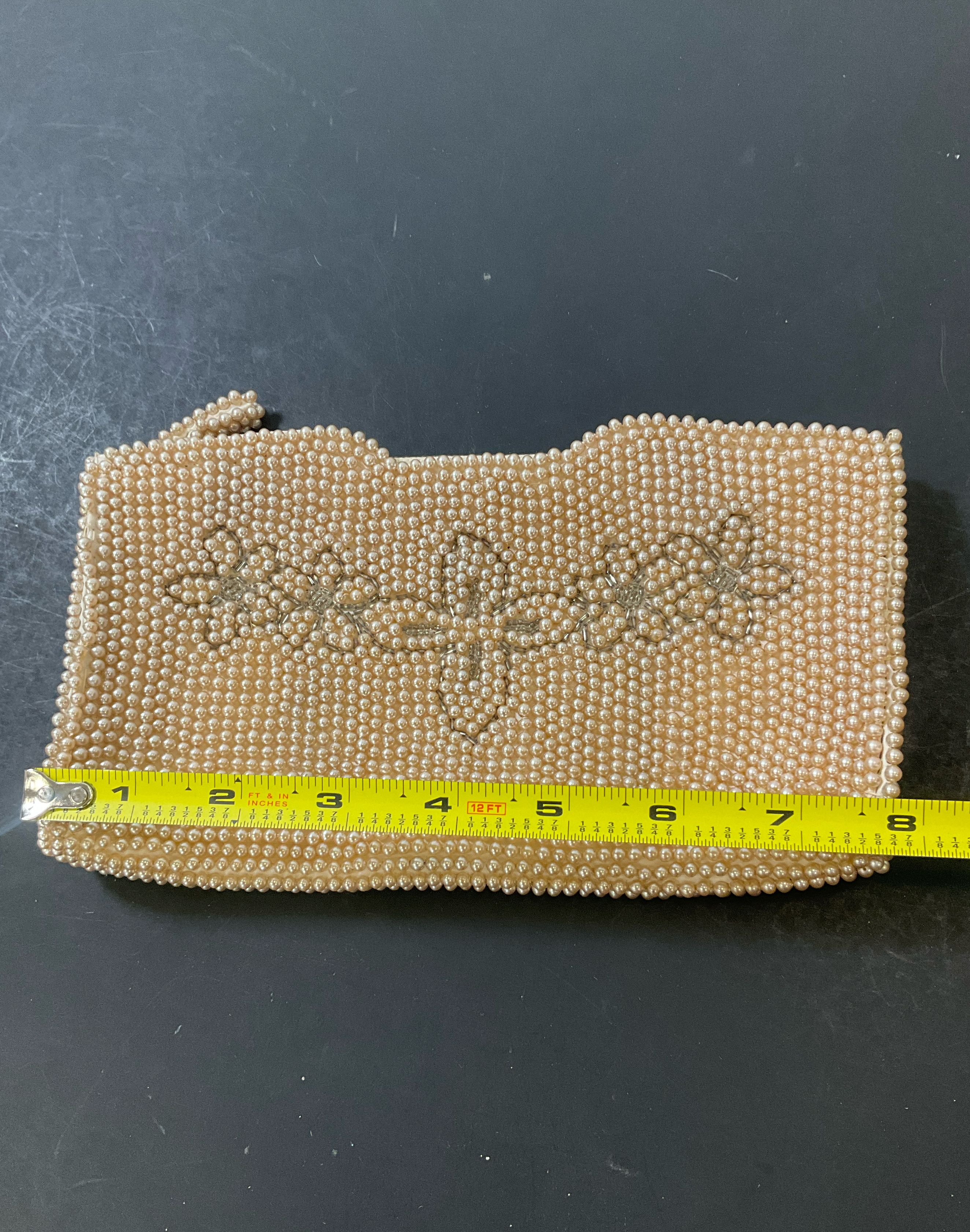 Vintage Pearlescent Beaded Floral Clutch Evening Bag Made In Japan