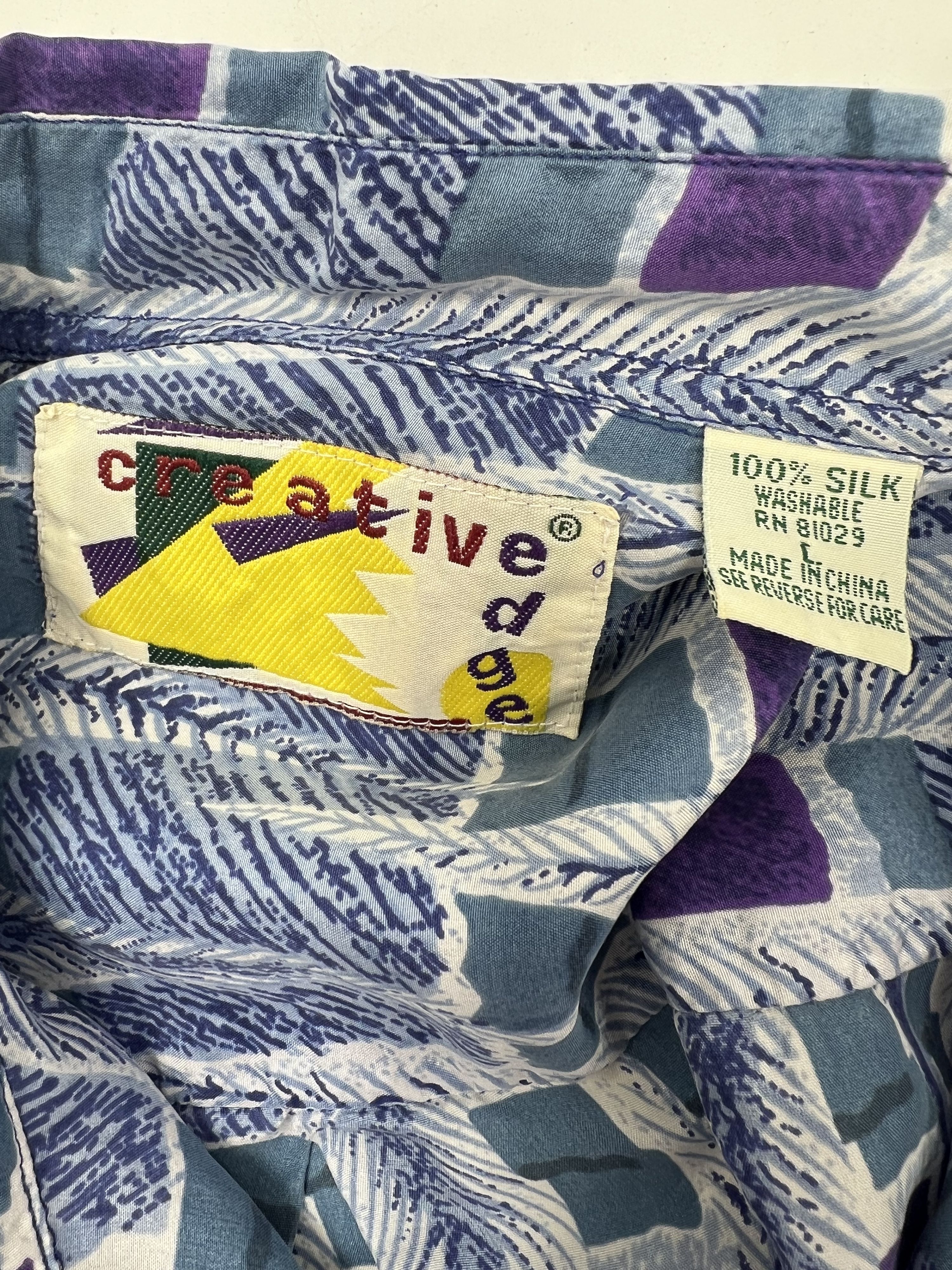 Vintage Creative Edge Blue Purple Button Down 100% Silk Size Large