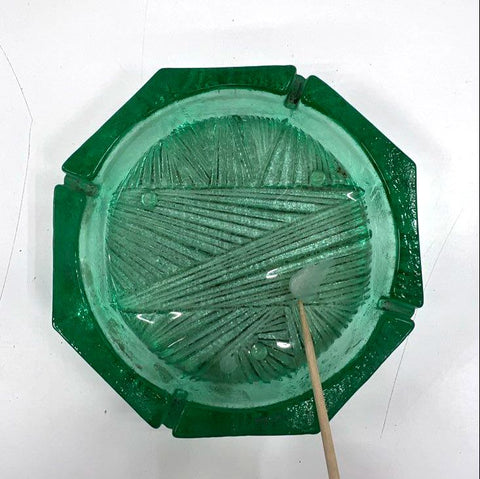 Pressed Glass Green Octagonal Ashtray Textured Linear Pattern Vintage 7.5 Inch