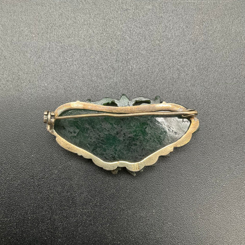 Vintage 850 Silver Carved Green Jadeite Butterfly Moth Brooch Pin 2"