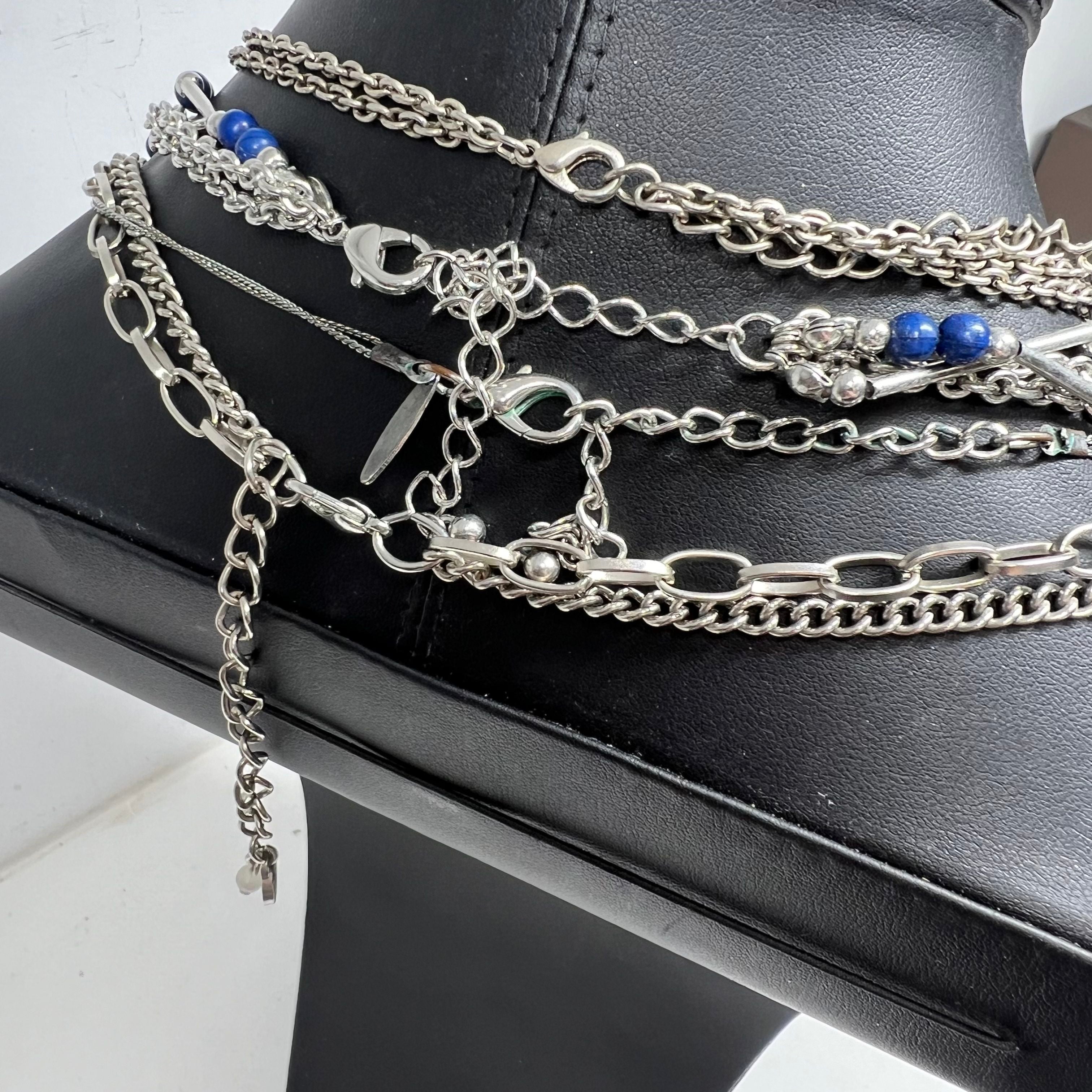 Navy Blue Silver Tone Beaded Chain Costume Jewelry Lot