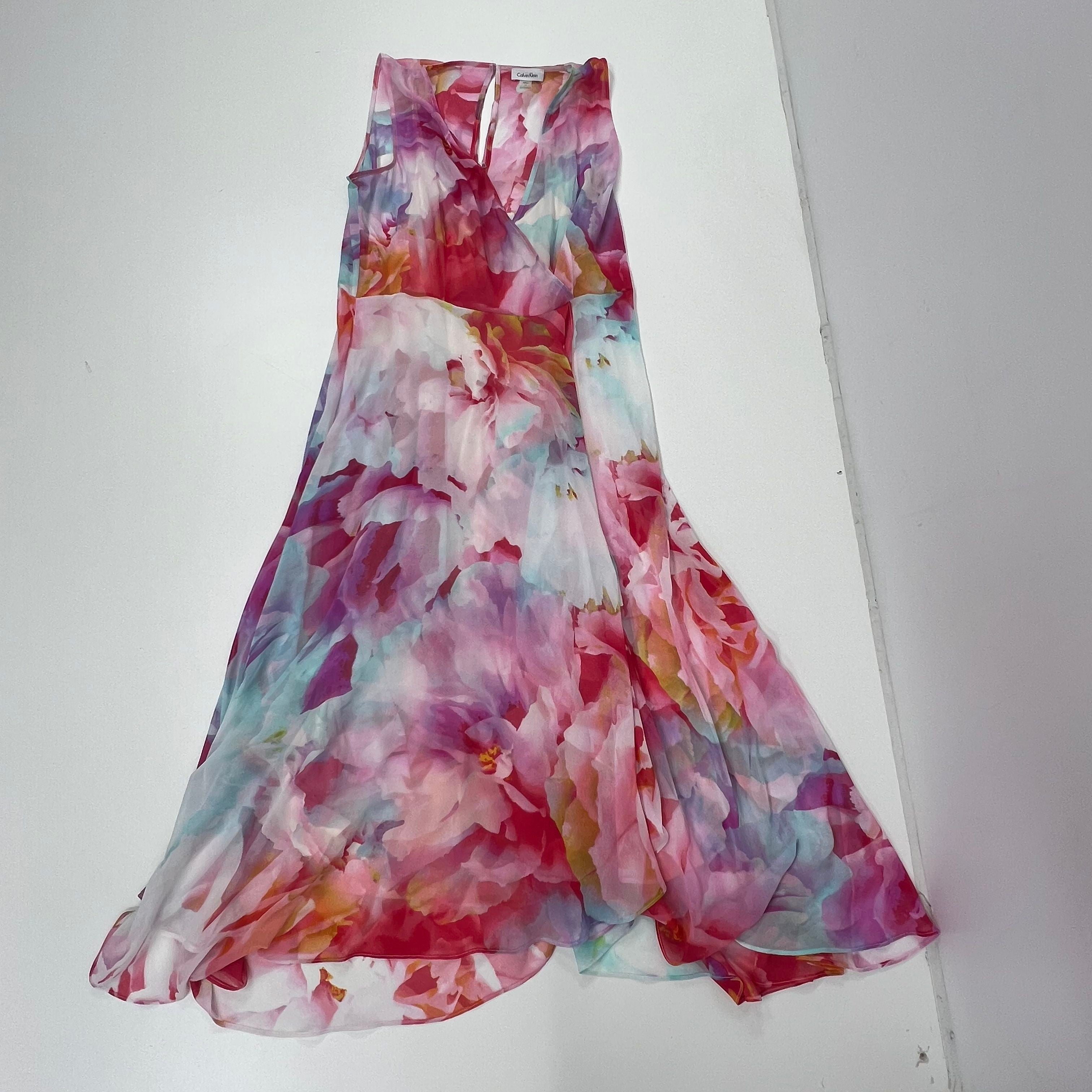 NWT Calvin Klein Watercolor Floral Midi Hi-Low Dress Women's 14 $118