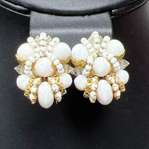 Vintage Vendome White Beaded Clip On Earrings 18.5g