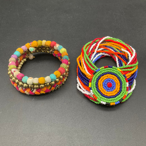 Boho Jewelry Lot 8pc Beaded Turquoise Style Maasai Textile Hammered Gold Cuff