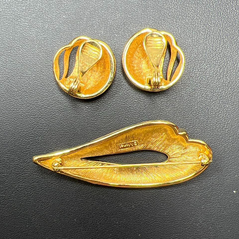 Monet Yellow Enamel Gold tone Brooch & Clip On Earrings Set