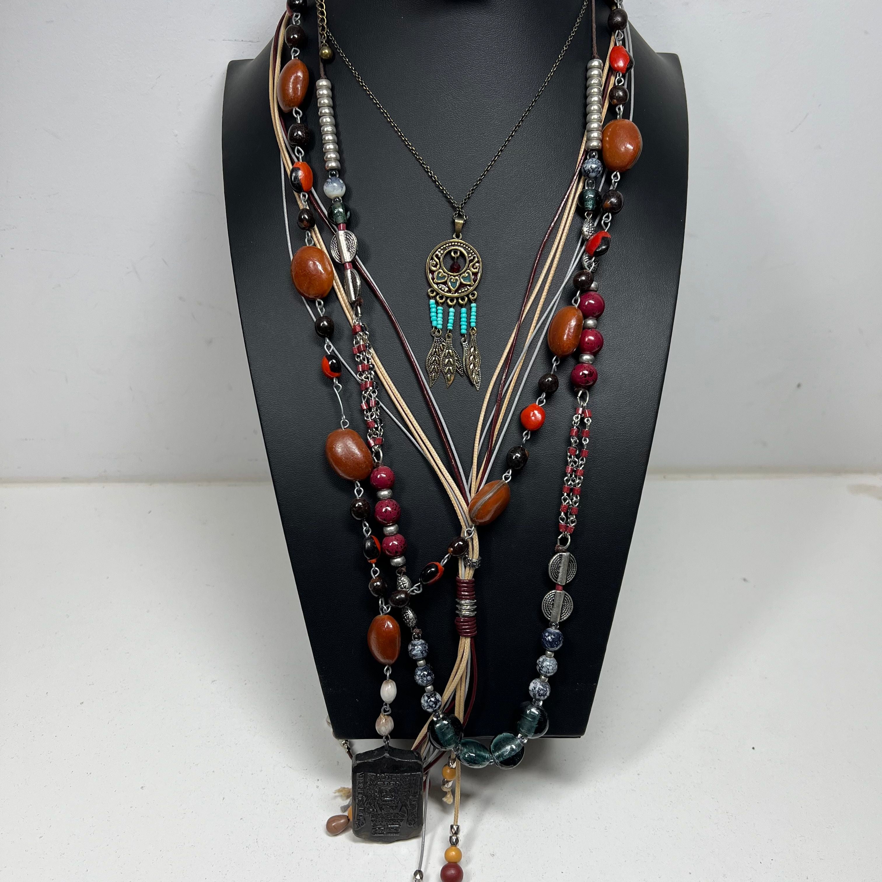 Lot of Red Orange Brown Beaded Long Necklaces Layers