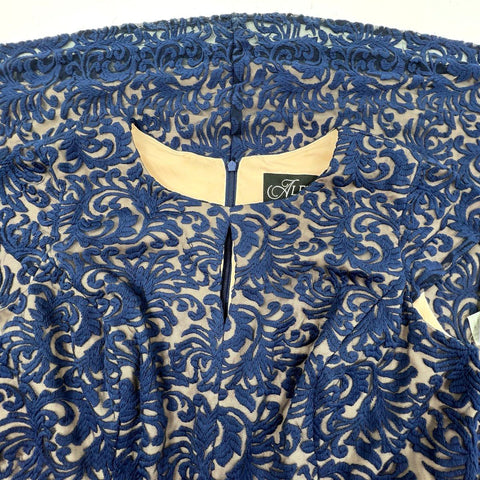 Alex Evenings Women's Navy Blue Gown Embroidered Lace Keyhole Belted Sz 16 NWT