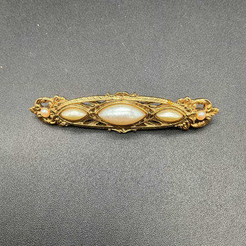 1928 Jewelry Gold Tone Faux Pearl and Black Cabochon Brooch Bar Pin Lot of 2