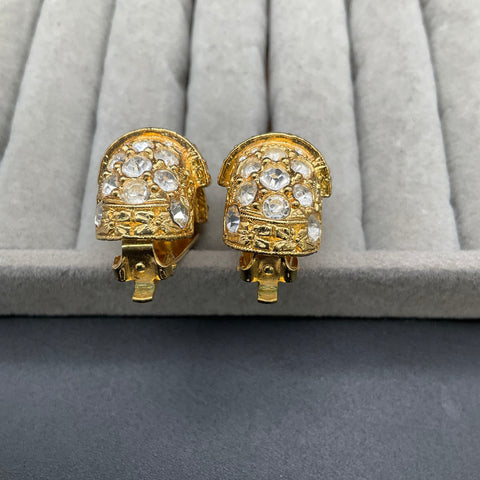 Vintage Les Bernard Gold Tone Clear Rhinestone Pave Dome Clip On Earrings