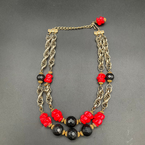 Vintage Double Strand Necklace Red Glass Black Plastic Beads Gold Tone 18"