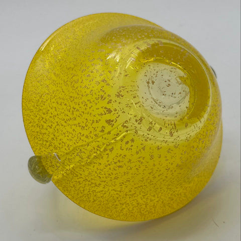 Art Glass Yellow Gold Fleck Basket Bowl Clear Applied Handle 5.5" Vintage