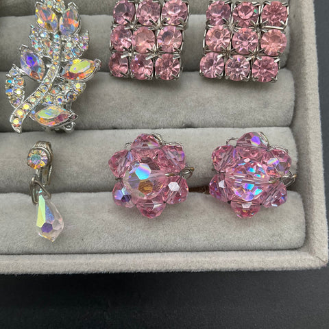 Vintage Sparkly Rhinestone AB Crystal Clip On Earrings Lot 6 Pairs Floral Leaf