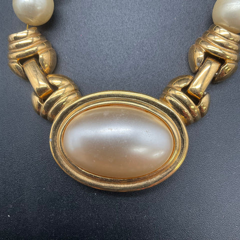 Vintage Napier Gold Tone Faux Pearl Beaded Necklace Oval Cabochon 16"