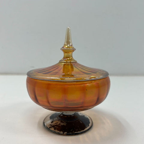 Vintage Marigold Carnival Glass Ribbed Lidded Candy Dish Compote
