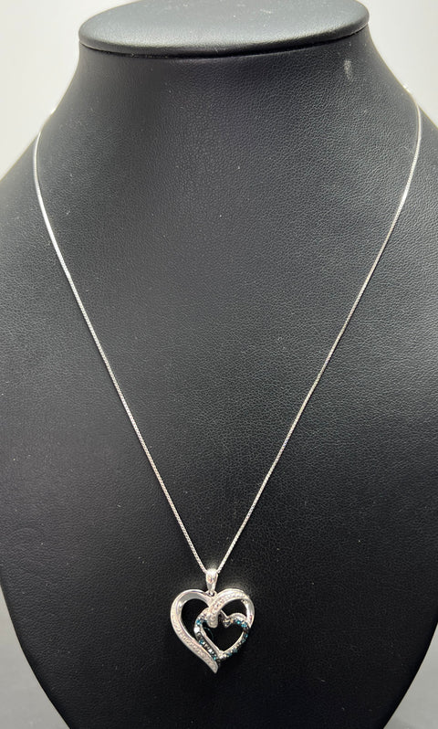 New Sterling Silver Blue & White Diamond Heart Pendant Necklace 18" 1/10 CTTW