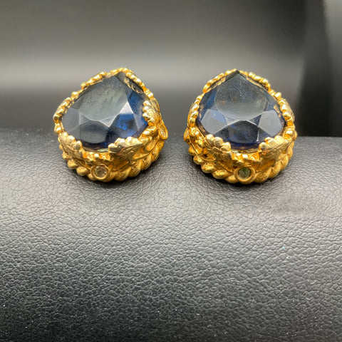 Vintage Alice Caviness Gold Tone Blue Glass Teardrop Clip Earrings Signed