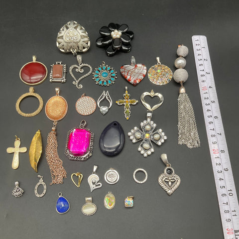 Mixed Costume Jewelry Pendant Lot of 32 Cross Heart Stone Tassel Pendants