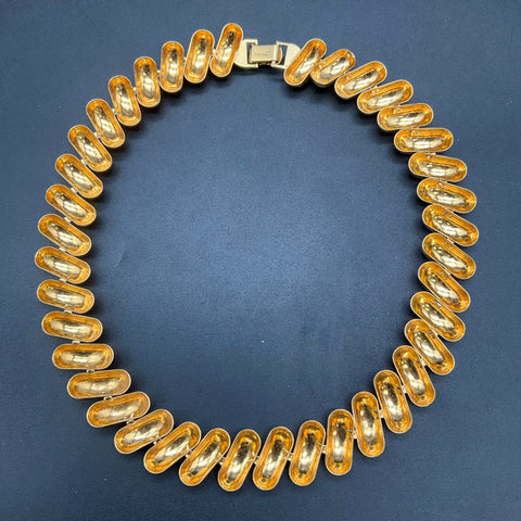 Vintage Napier Gold Tone Macaroni Link Necklace & Unbranded Ribbed Earrings Set