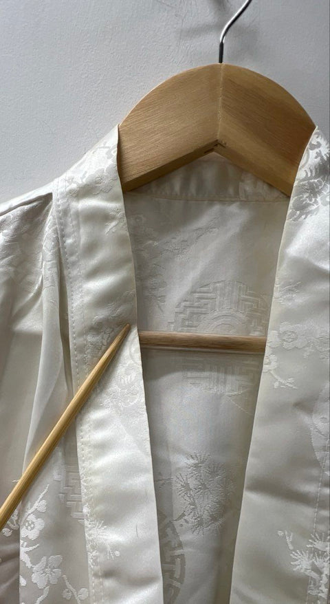 Vintage Women's White Satin Damask Dragon Kimono Robe Japanese Style Long