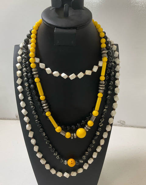 Lot of Black Yellow and White Plastic Beaded Necklaces Vintage 9 Pieces