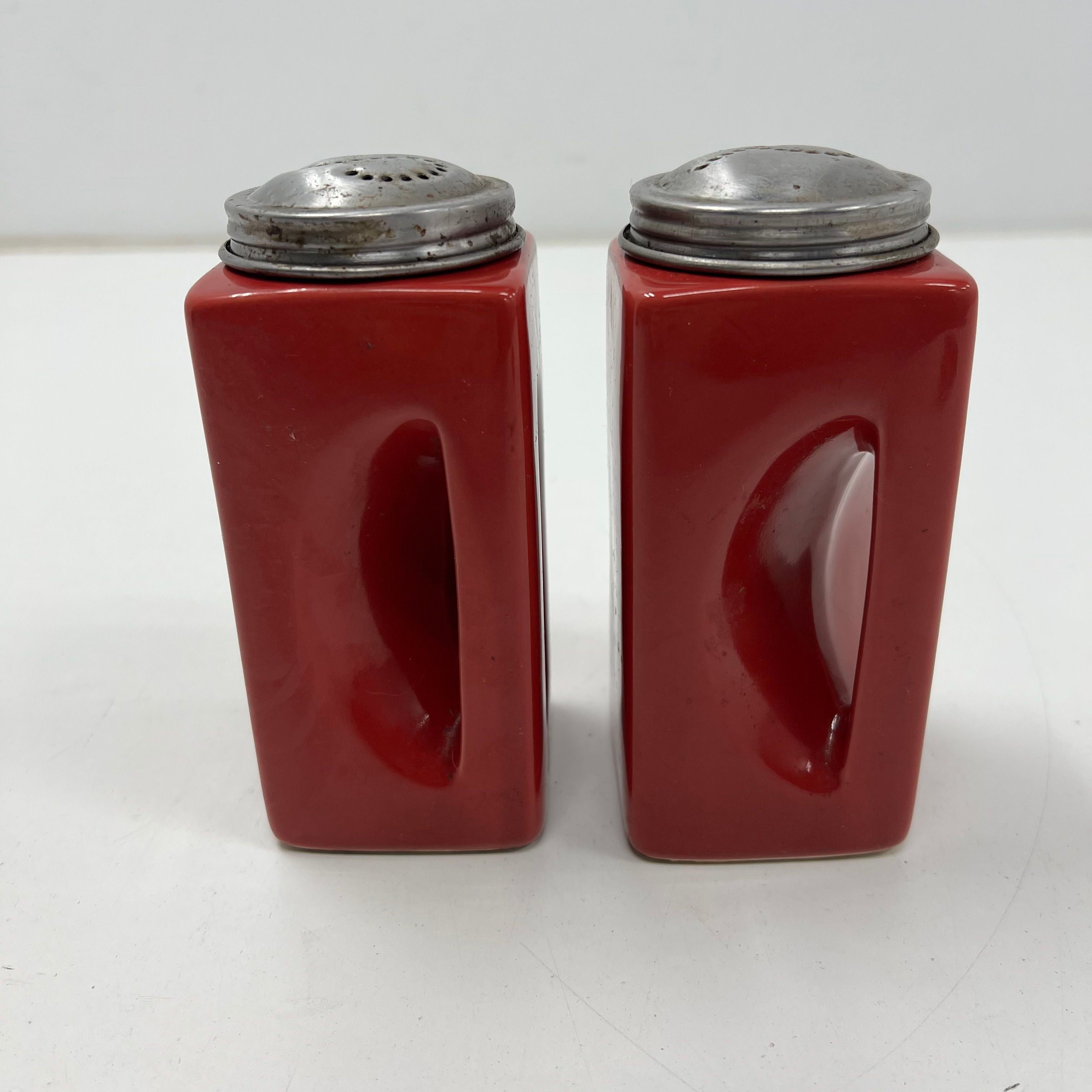 OGGİ Red Ceramic Salt and Pepper Shakers Modernist Design Metal Lids 'S' 'P'