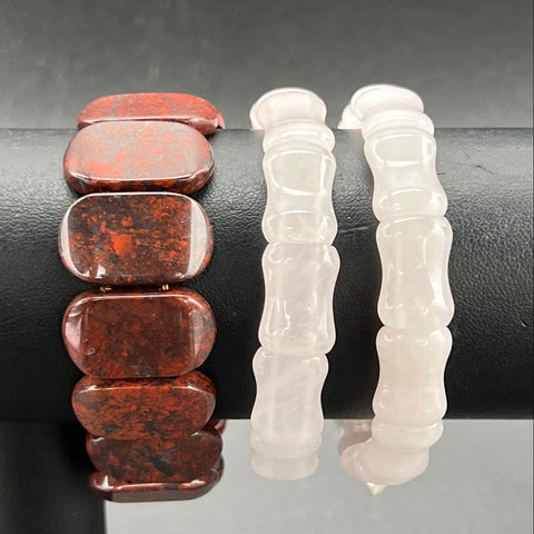 Natural Stone Bracelet Lot of 6 Obsidian Rose Quartz Bamboo Style Stretch