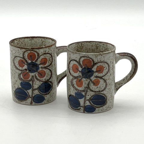 Vintage Stoneware Mug Pair Speckled Ceramic Floral Design 1970s Retro