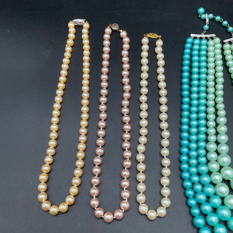 Vintage Style Faux Pearl & Beaded Costume Necklace Lot 5 Pieces Multi-Strand