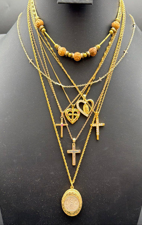 Religious Costume Jewelry Lot 15pc Gold Tone Crosses Mustard Seed Locket