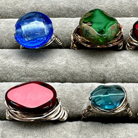 Artisan Wire Wrapped Silver Tone Rings Jewelry Lot of 10 Mixed Color Stones
