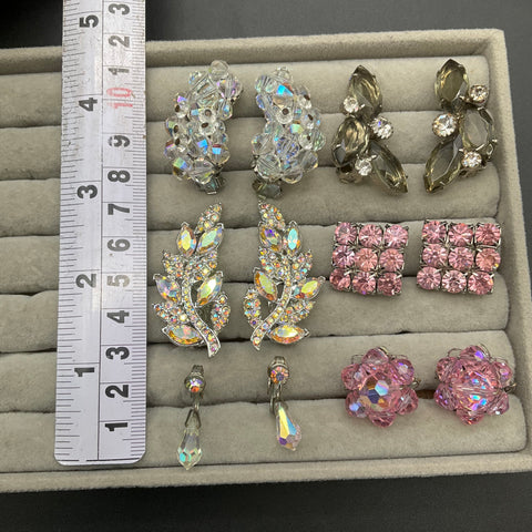 Vintage Sparkly Rhinestone AB Crystal Clip On Earrings Lot 6 Pairs Floral Leaf