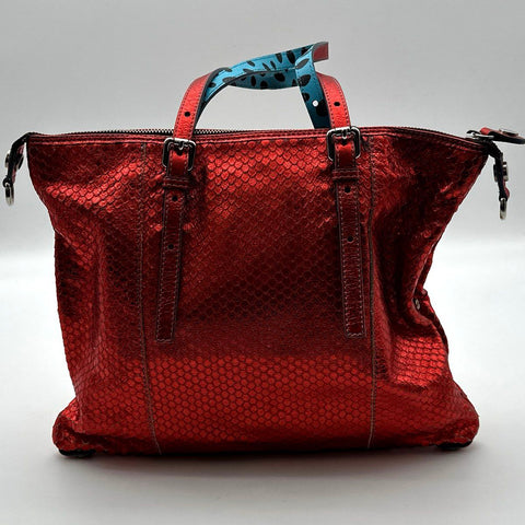 Gabs Firenze Metallic Red Scale Embossed Leather Tote Satchel Bag Made in Italy