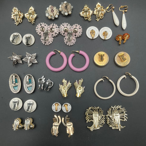 Vintage Costume Jewelry Lot of 20 Pairs Clip On Earrings Rhinestone Lucite