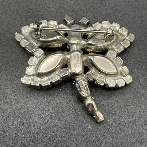 Vintage Weiss Dragonfly Brooch Pin Silver Tone Rhinestone Red Eyes 2"