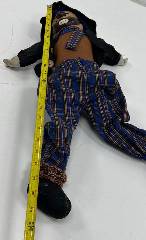 Vintage 70s Hobo Clown Doll Sad Face Hand Painted Plaid Outfit 22 in