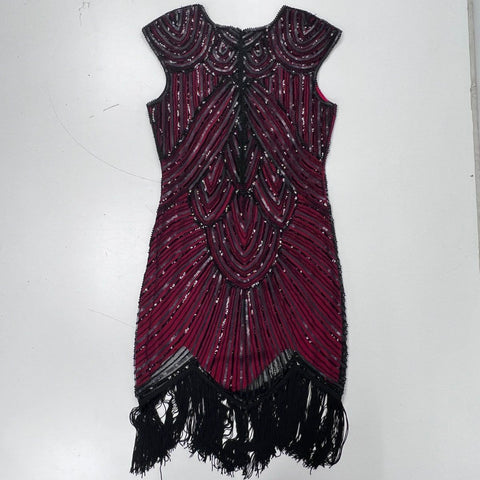 U&S Women's Burgundy Black Sequin Beaded Flapper Gatsby Fringe Dress Sz L