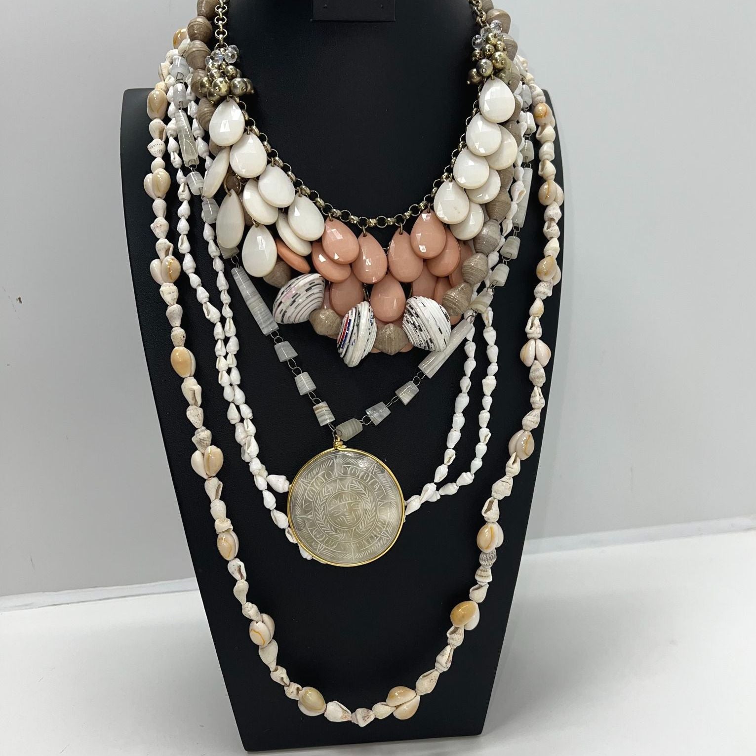 Lot of 5 Necklaces Statement Pale White Shell Peach Gold Tone Hardware