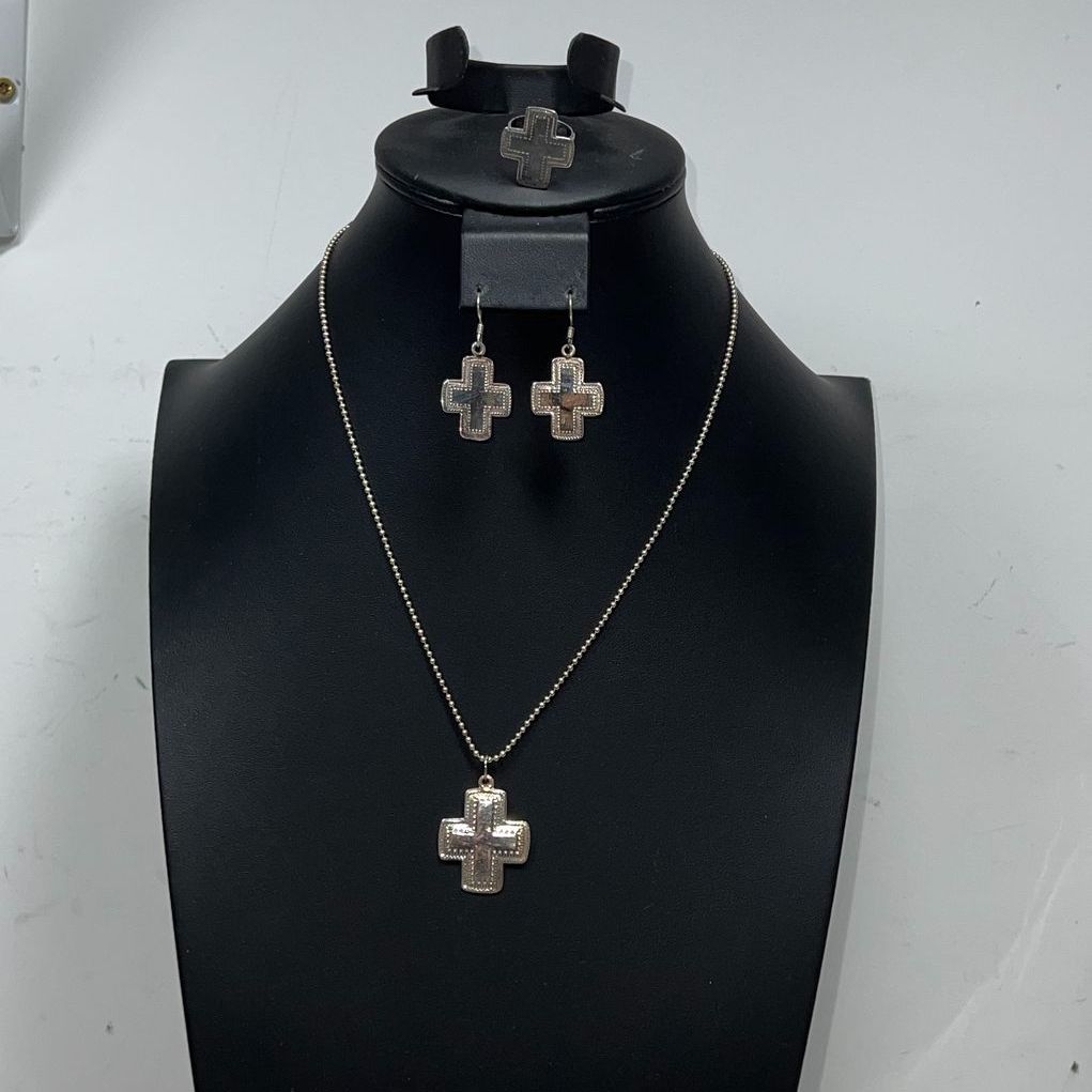 925 Sterling Silver Southwestern Style Cross Necklace Ring Earrings Set 15.5g