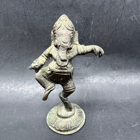 Vintage Dancing Ganesha Ganapati Bronze Statue Hindu God Figure 3.75" Patina