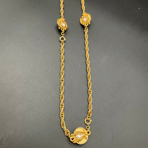 Cabi The Buzz Gold Tone Bee Scarab Convertible Chain Necklace Faux Pearl 46"