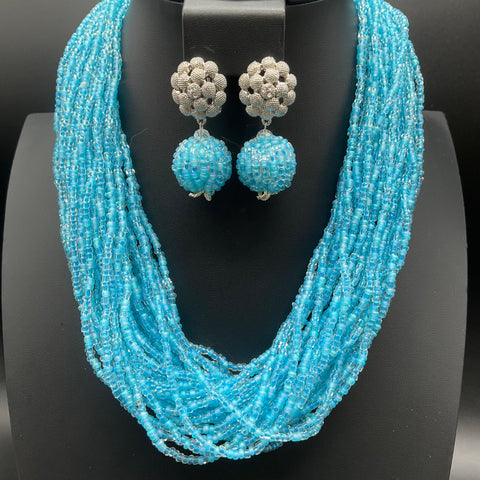Blue Seed Bead Multi-Strand Necklace Bracelet Clip-On Earrings Jewelry Set 3pc