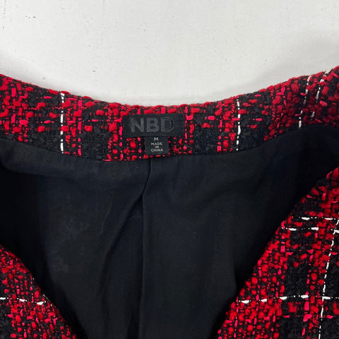 NBD Women's Red Black Plaid Tweed Crystal Button Blazer Jacket Sz M