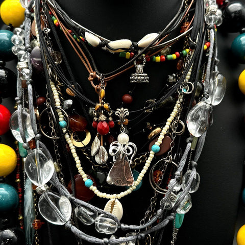 Mixed Costume Jewelry Lot Necklaces Beaded Shell Heart Angel Pendants