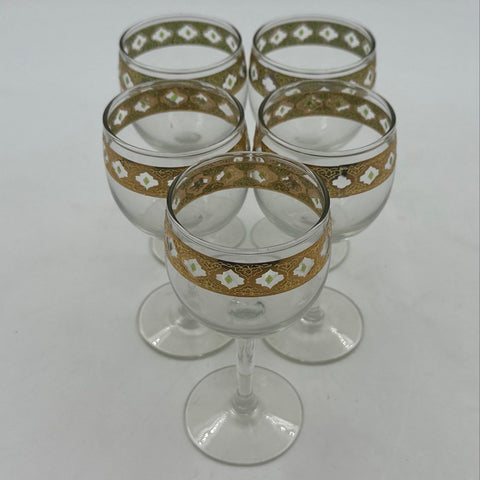 Vintage Gold Encrusted Stemware Wine Glasses 5 Piece Lot Mid-Century 5.5 Inch